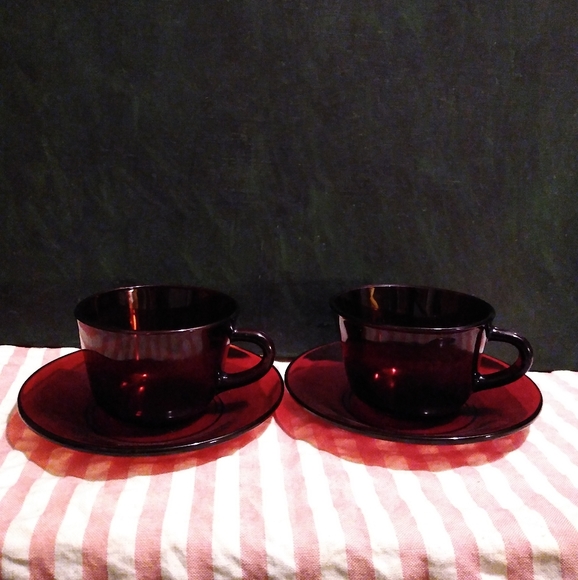 Vintage Cafecore Ruby Red Glass Cup Saucer Set Christmas Cafe Tea Coffee Anchor - Picture 11 of 11